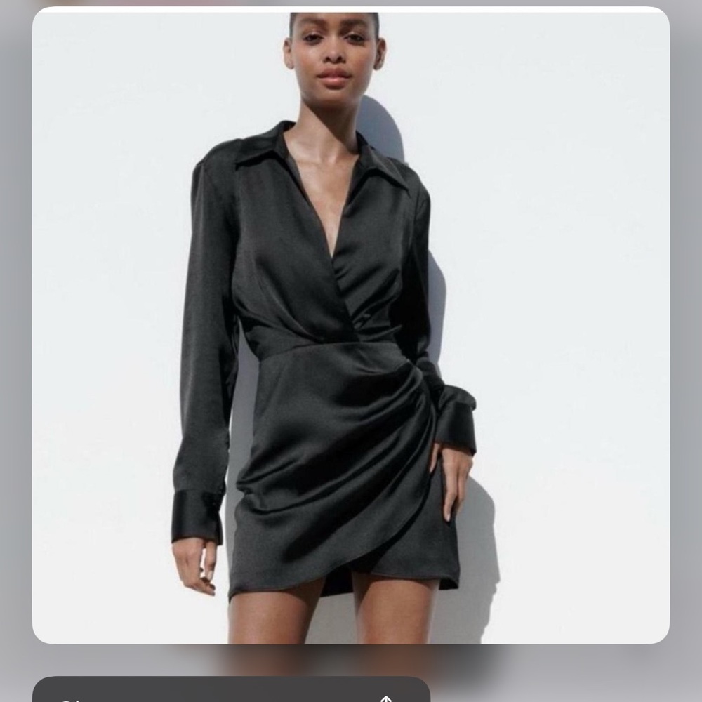 Zara Black Satin Ruched Faux Wrap Dress Long Sleeve